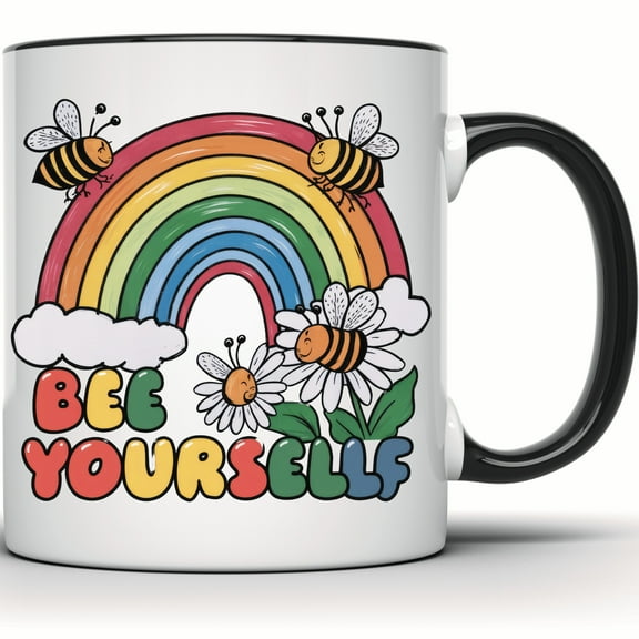 Bee Yourself Inspirational Rainbow Mug - Positive Quote Coffee Tea Mug - Flower & Bee Lover's Gift - 11 Ounce Black Rim Handle Novelty Coffee Cup - WMUG1969-BLK