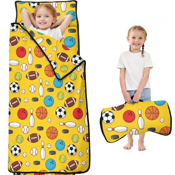 Football and Volleyball Yellow Pattern Teens Toddler Nap Mat with Pillow, Sleeping Mat Bag for Preschool Daycare 59"x22"