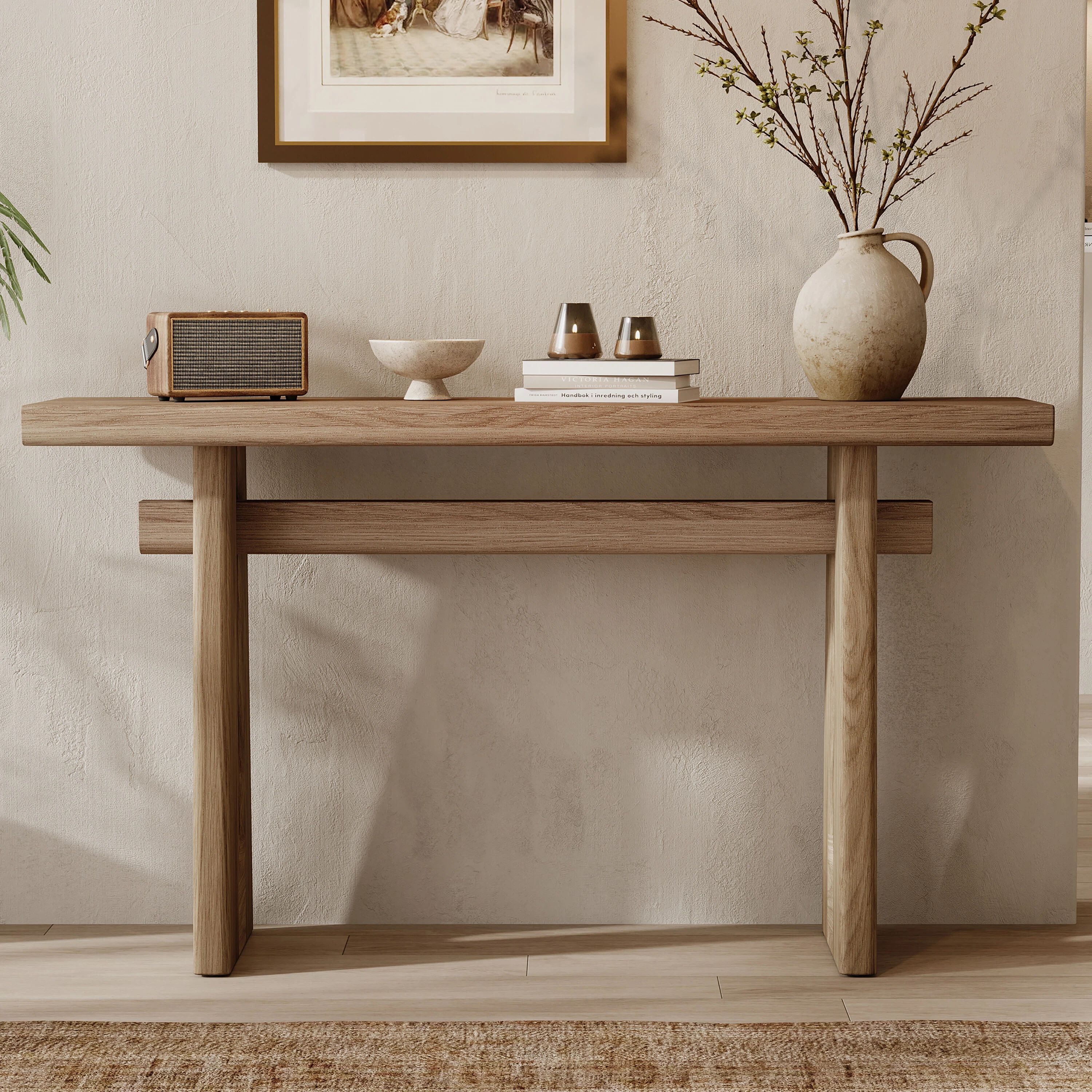 Euroco 59.2" Narrow Long Console Table with Geometric Silhouette,Wood Entryway Table Sofa Table Behind The Couch for Entryway, Living Room, Hallway,Brown