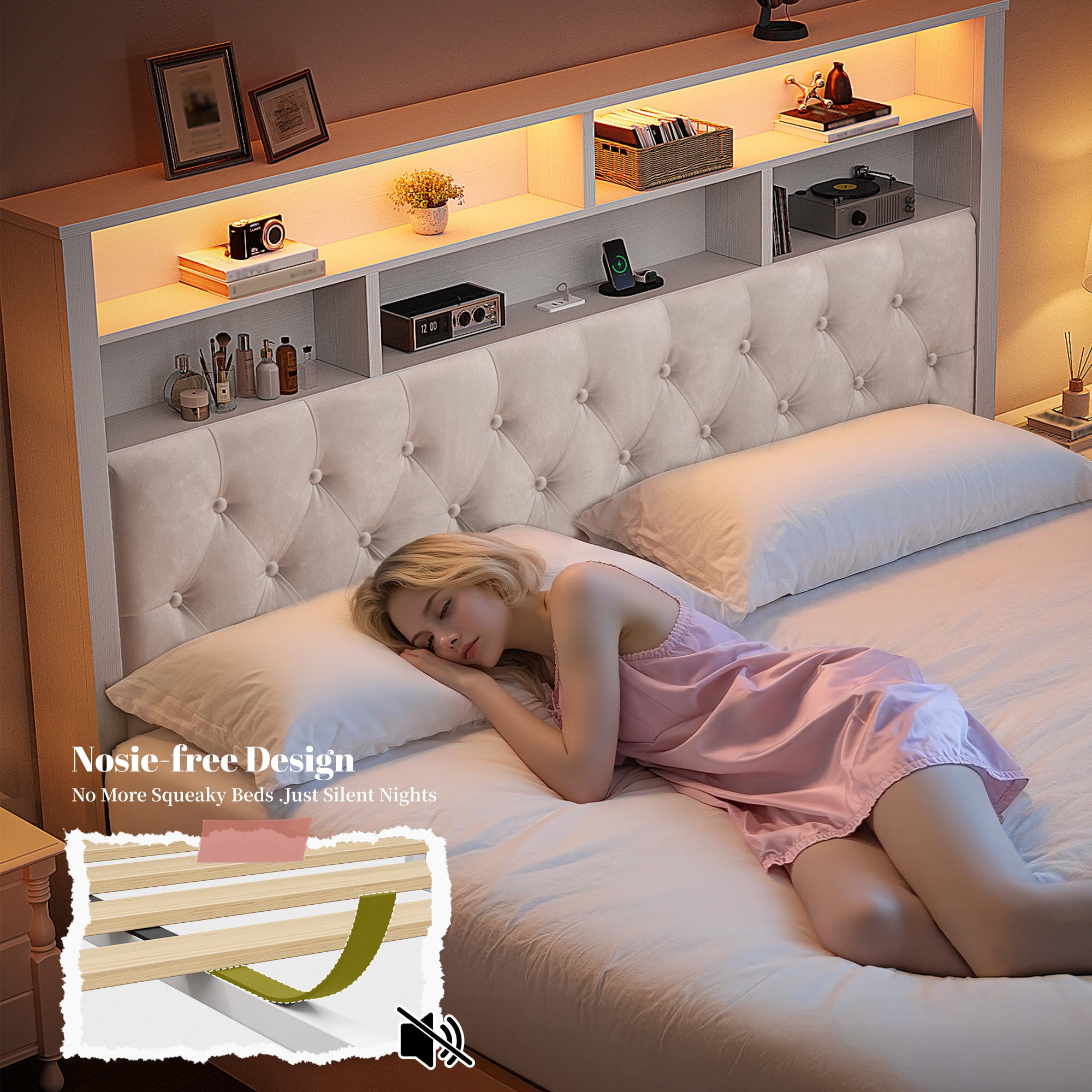 EnHomee King Bed Frame with 4 Storage Drawers Upholstered Platform Bed Frame with Headboard and Storage & Charge Station & LED Lights