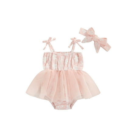 

Gureui Kids Baby Girls Sleeveless Jumpsuit Tie-Up Floral Print Tulle Skirt Hem Patchwork Romper + Bow Headband