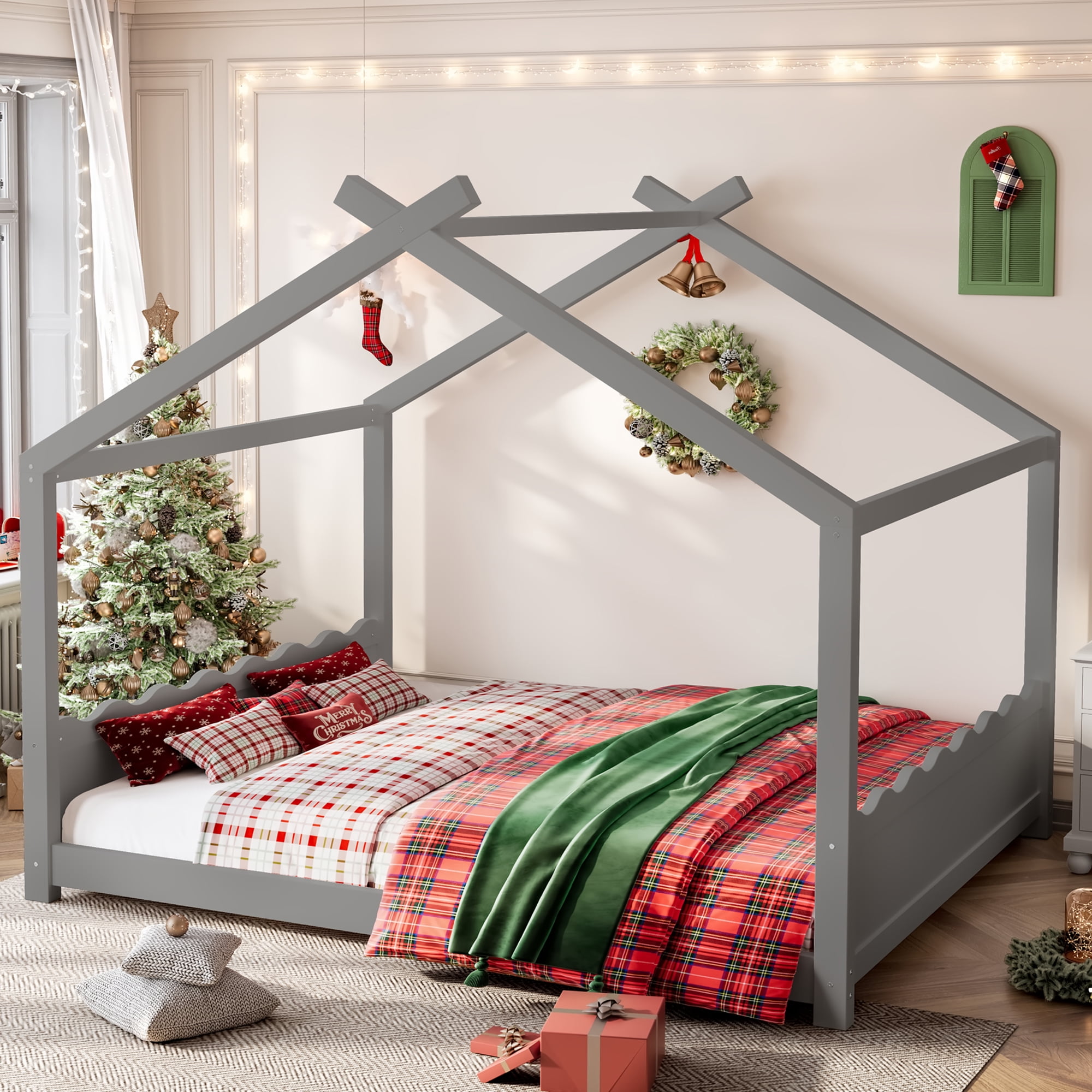 Yoneston Queen House Floor Bed with Roof, Solid Wood Platform Bed Frame with Opening Constructure for Kids, No Box Spring Needed, Gray