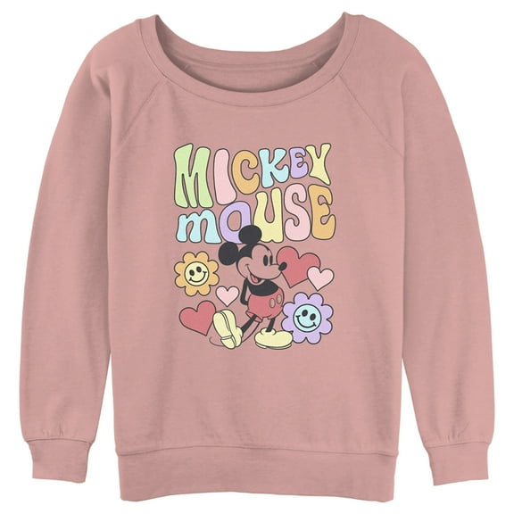Junior's Mickey & Friends Groovy Hearts and Smilies Logo Sweatshirt Desert Pink Large