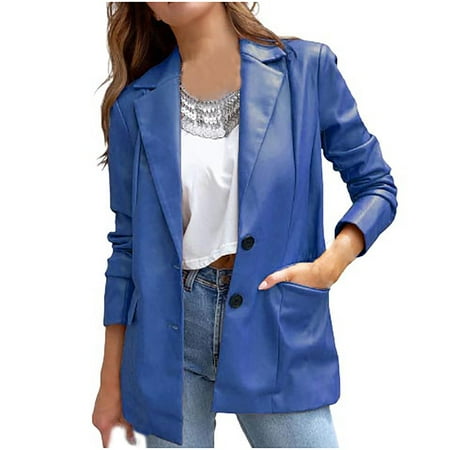 

Womens Faux Leather Blazer Jacket Elegant Notch Lapel Button Down Outerwear Fashion V Neck Long Sleeve Trench Coat