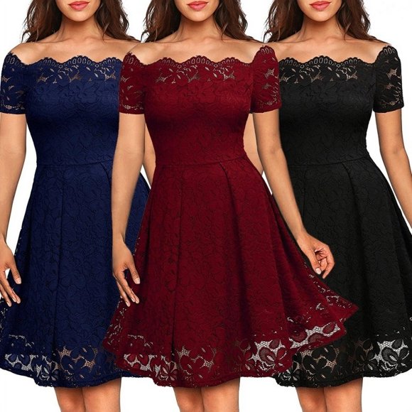 Women's Fashion Strapless Short Sleeve Lace Dress Party Dress