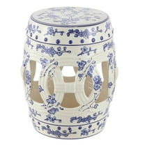 JONATHAN Y Lucky Coins 16" Chinese Ceramic Drum Garden Stool, Blue/White