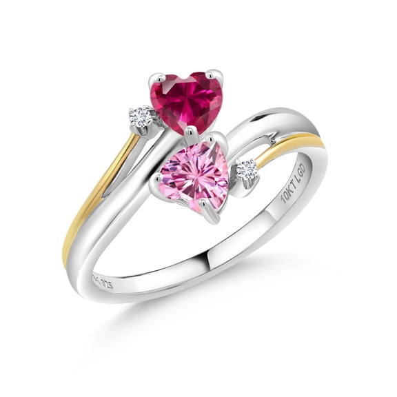 Gem Stone King 925 Silver and 10K Yellow Gold Ring Heart Shape Red Created Ruby and Vivid Pink Moissanite (1.12 Cttw, Size 9)