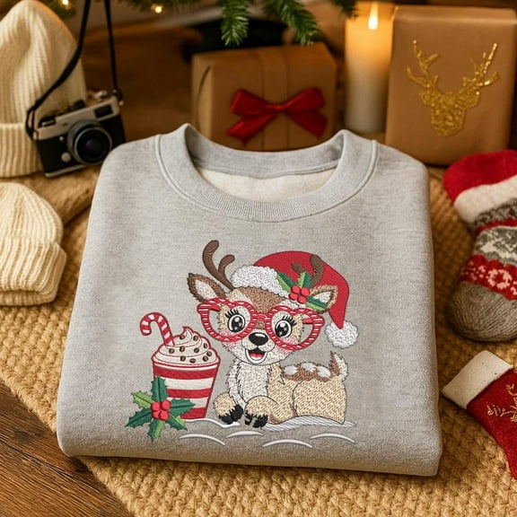 Embroidered Reindeer Christmas Sweatshirt, Cute Rudolph Cocoa Sweater, Holiday Glasses Deer Crewneck, Cozy Christmas Gift Hoodie