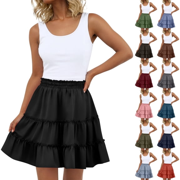 Women's Bohemian Skirt with Built-in Shorts, Tiered Ruffle Flowy Mini Skirt, Casual Beach Skirt for Vacation, Summer and Festival,Black,L