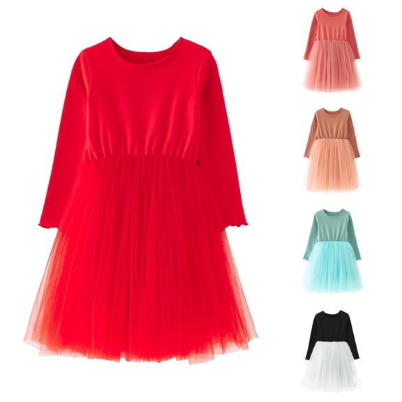 Kids Toddler Girls Dress Long Sleeve Crew Neck Tulle Patchwork Skater Dresses for Casual Vacation Outing Cute Princess Dress