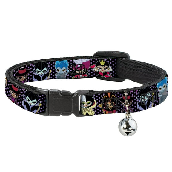 Disney Breakaway Cat Collar With Bell, Plastic Clip, Easy Adjustable, Disney Sweet Chibi Villain Poses Polka Dot Black Lavender, 8.5 to 12 Inches 0.5 Inch Wide