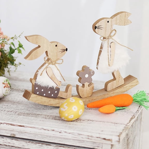 Easter Home Decoration Painted Seesaw Bunny Figures, Wooden Teeter Totter Rabbit Ornaments With Plush Accents & Bows, Festive Decor For Shelves Tables & Easter Party Displays