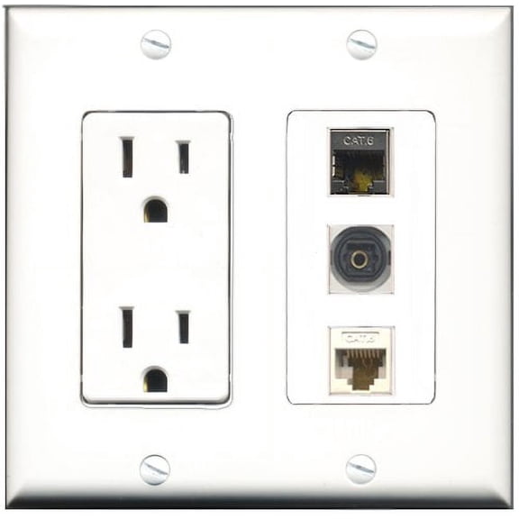 RiteAV - 15 Amp Power Outlet 1 Port Shielded Cat6 Ethernet Ethernet 1 Port Toslink 1 Port Cat6 Ethernet Ethernet White Decorative Wall Plate