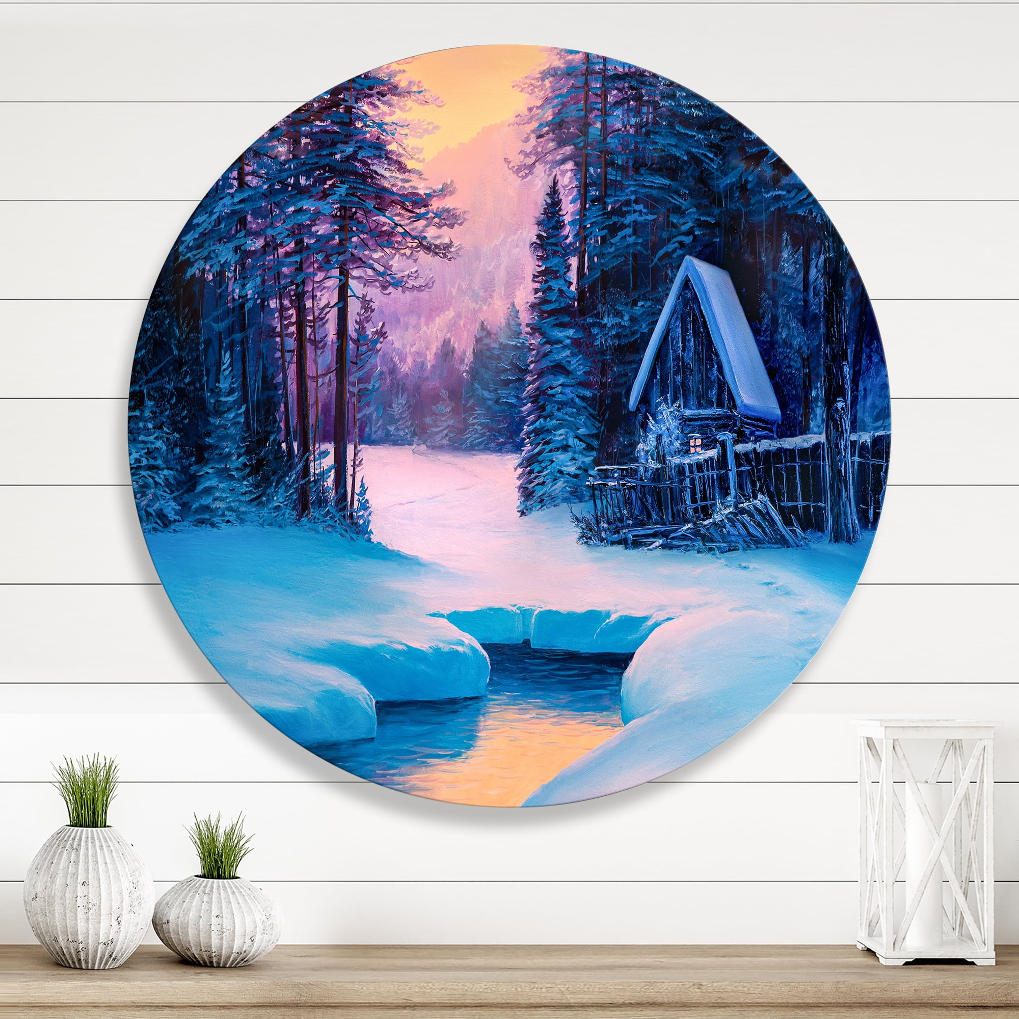 Designart 'The River House In The Woods and Winter Landscape II' Lake House Circle Metal Wall Art 11x11 - Disc of 11
