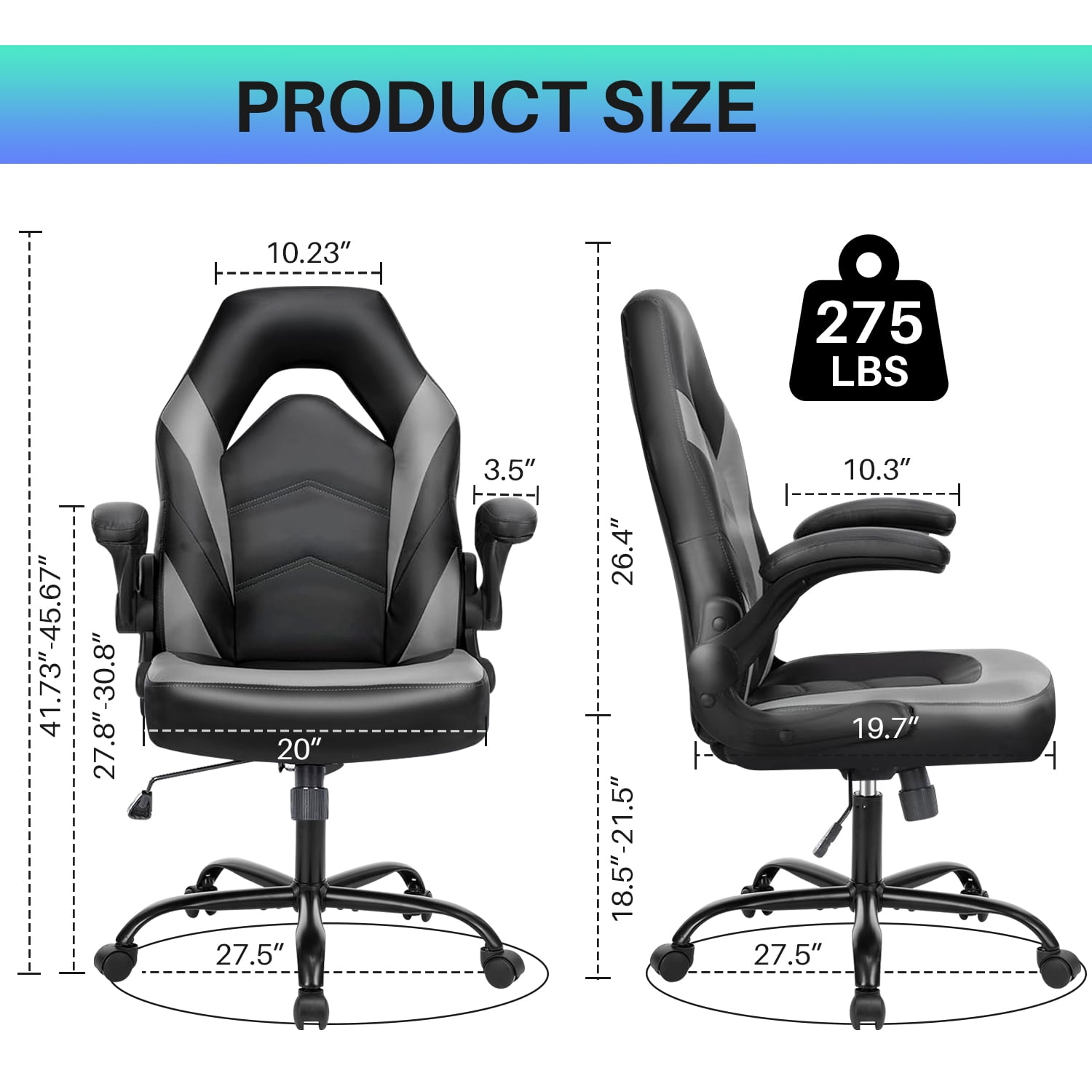 Bigleap Gaming Chair, Ergonomic Office Leather Racing Chair with Flip-up Armrest, Black Gray