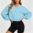 thumbnail image 2 of hoksml Women's Cropped Sweatshirt, V-Neck Balloon Long Sleeve Oversized Pullover Top with Loose Fit, Solid Color Casual Activewear, 2 of 6