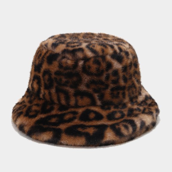 Women Leopard Print Faux Fur Bucket Hat Wide Brim Warm Fashion Winter Hat
