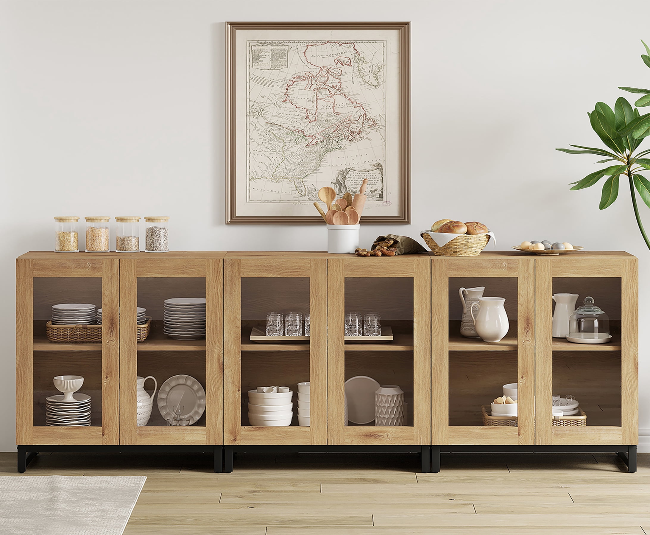 WAMPAT 3 in 1 Multifunctional Sideboard Buffet Cabinets with 6 Glass Doors, Modern Sideboard Credenza with Adjustable Shelf, Coffee Bar Storage Cabinet for Living Room, Kitchen, Oak
