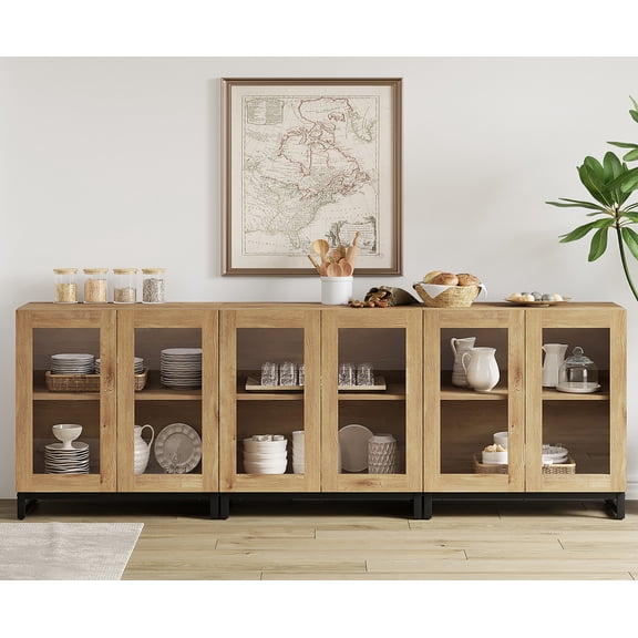 WAMPAT 3-in-1 Multifunctional Sideboard Buffet Cabinet with 6 Glass Doors, Modern Credenza with Adjustable Shelf, Coffee Bar Storage Cabinet for Living Room and Kitchen, Oak