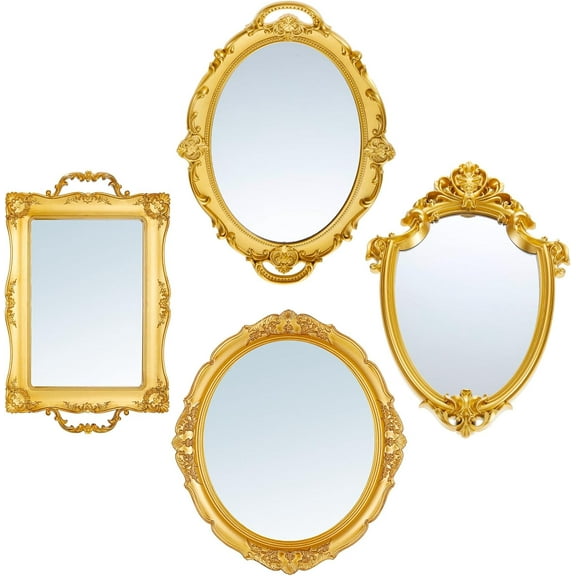 4 Pcs Vintage Gold Mirror Set Including Oval Antique Decorative Gold Shield Shape Square Decorative Mirror Jewelry Dresser Organizer Tray