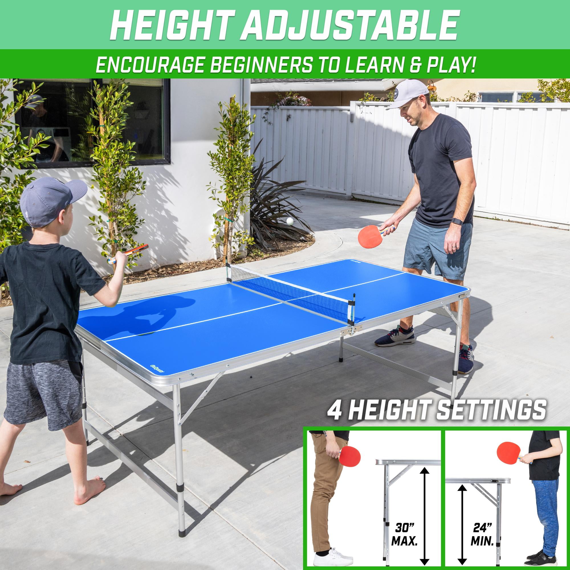 GoSports 6 x 3 ft Mid-Size Table Tennis Table Set with Adjustable Height - Blue