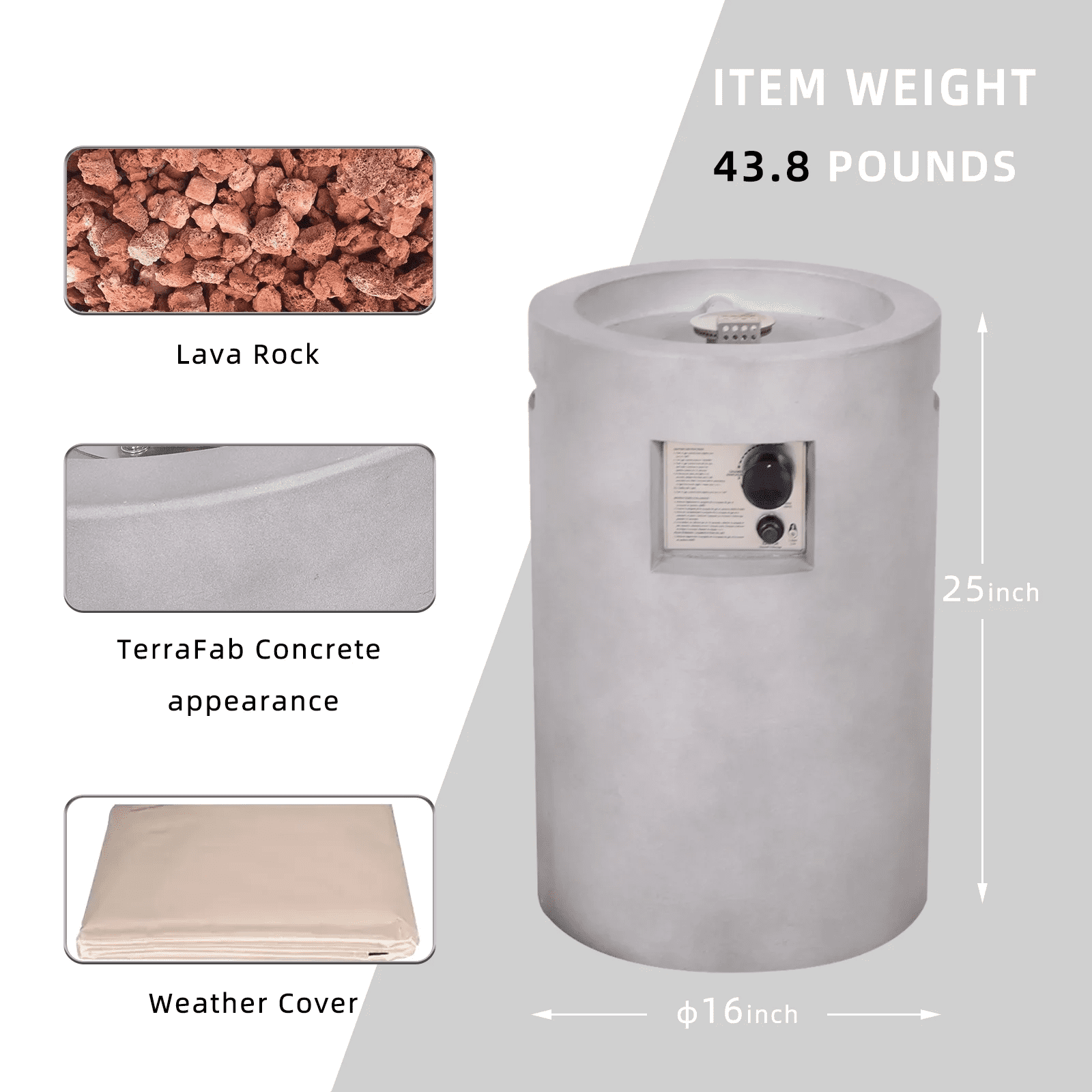 Afterglow 16" Circular Propane Fire Pit 30,000 btu with Lava Rock and Weather Cover Terrafab Artificial Concrete for Outdoor Patio Garden Backyard Decoration CSA Certified, Cement Grey