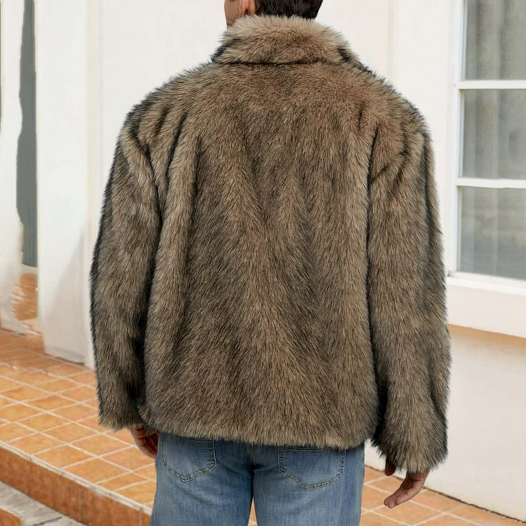 ZUKMRJPC Men's Vintage Faux Fur Coat Zipper Lapel Warm Soft Comfy