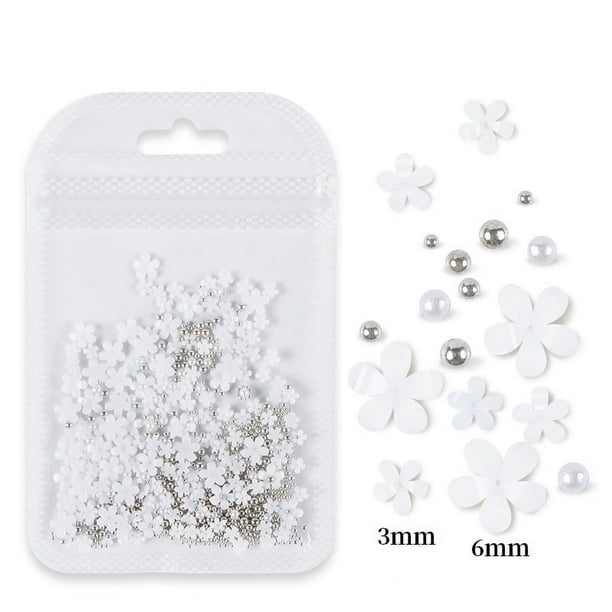 Bolsa de joyería con flores de cinco pétalos para decoración de uñas Joyería de flores acrílicas blancas y rosas con cuentas de oro y plata Flor de resina