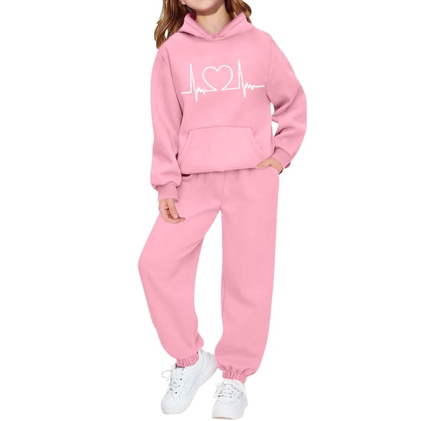 Conjunto de sudadera con capucha de manga larga para niños con estampado en forma de corazón y pantalones deportivos con lazo en las piernas, conjunto deportivo informal de dos piezas para niños, poli