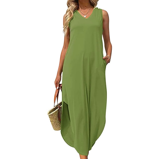 Lenago Robe Blanche Grande Taille Femme Aguichant Mode Féminine Sans Manches Col en V Solide Poches Gilet Longue Robe Été Plage Robes en Liquidation