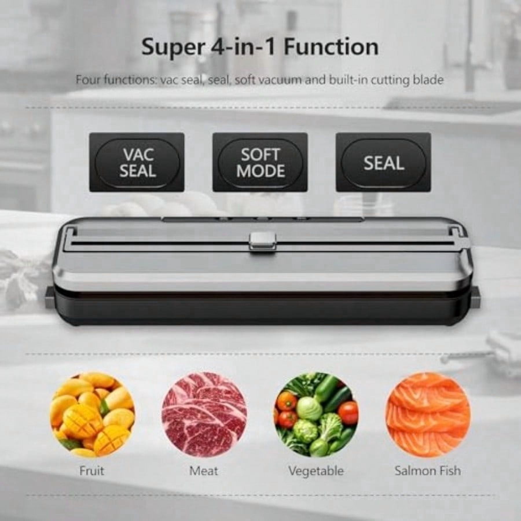 Food Vacuum Sealer Machine 4-in-1 Automatic with Built-in Cutter and 30 Bags 8-15s Fast Airtight Sealing for Meat/Vegetables/Fruits/Snacks