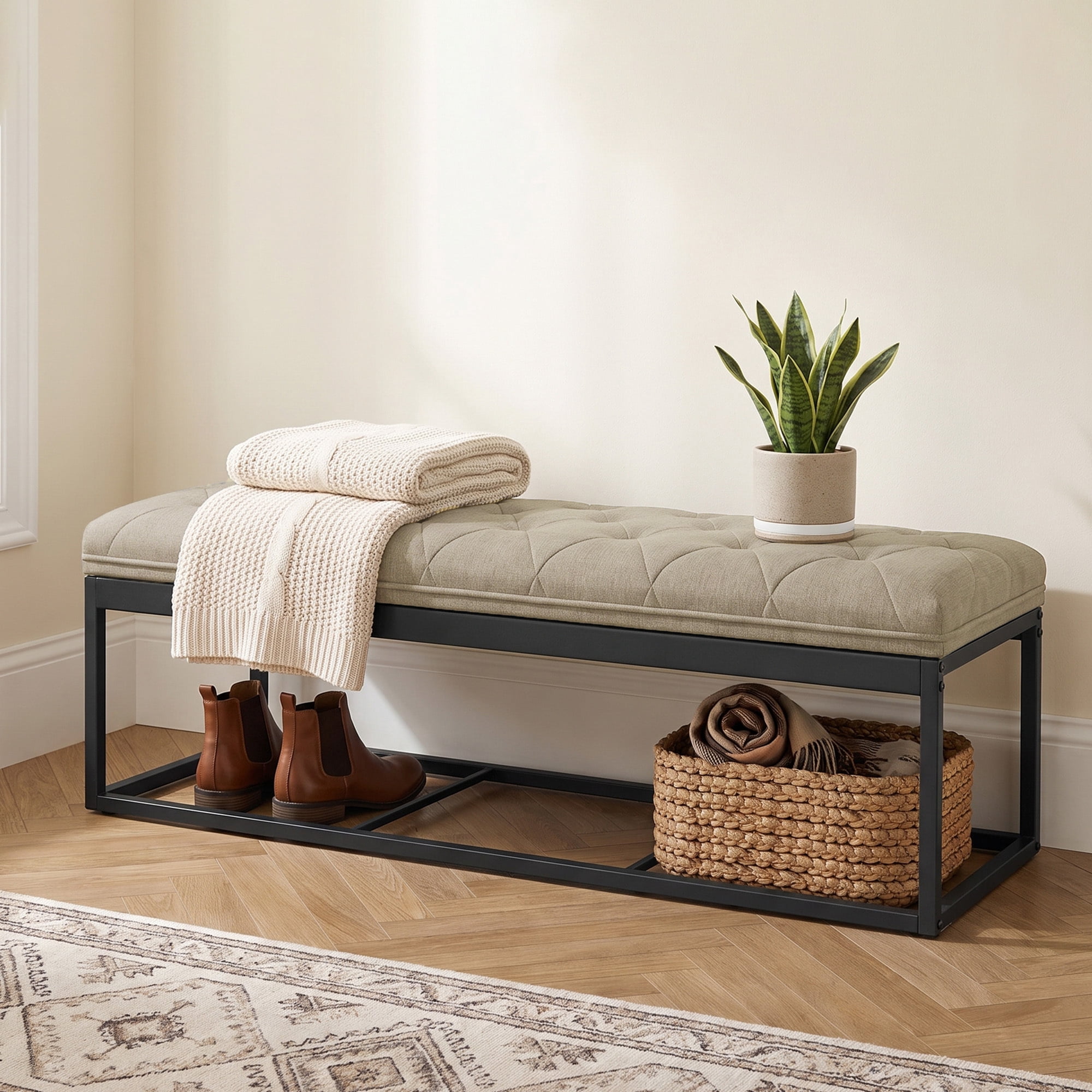 Ledrem Camel Brown Linenette Tufted Storage Ottoman Bench, End of Bed Bench, 660 lb Capacity, Modern Home Decor
