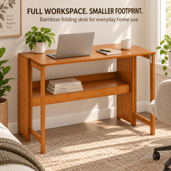 GOMYHOME 40-Inch Bamboo Folding Desk with Storage Shelf for Small Spaces, Brown