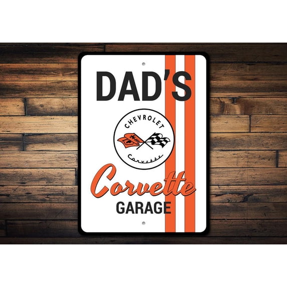 Dads Chevy Corvette Garage Novelty Decor, Metal Wall Sign - 10x14 Inches