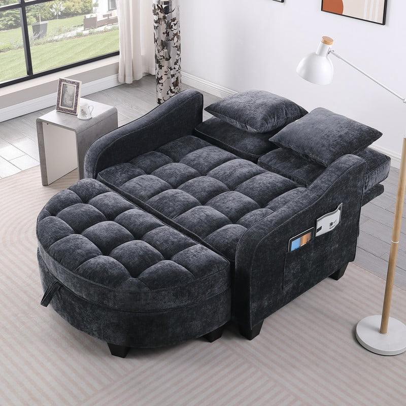 Double Sofa Chaise Lounge with 2 Pillows and Irregular Armrests, 2-Seater Sofa with Storage Ottoman, Convertible Sleeper Sofa Bed for Living Room Bedroom
