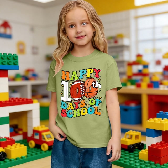 Las niñas camiseta de manga corta - de vuelta a la escuela Casual de alta calidad camiseta de algodón suave, tamaños de 2-13 años, 14 colores, lindo diseño de 100 días de impresión gráfica
