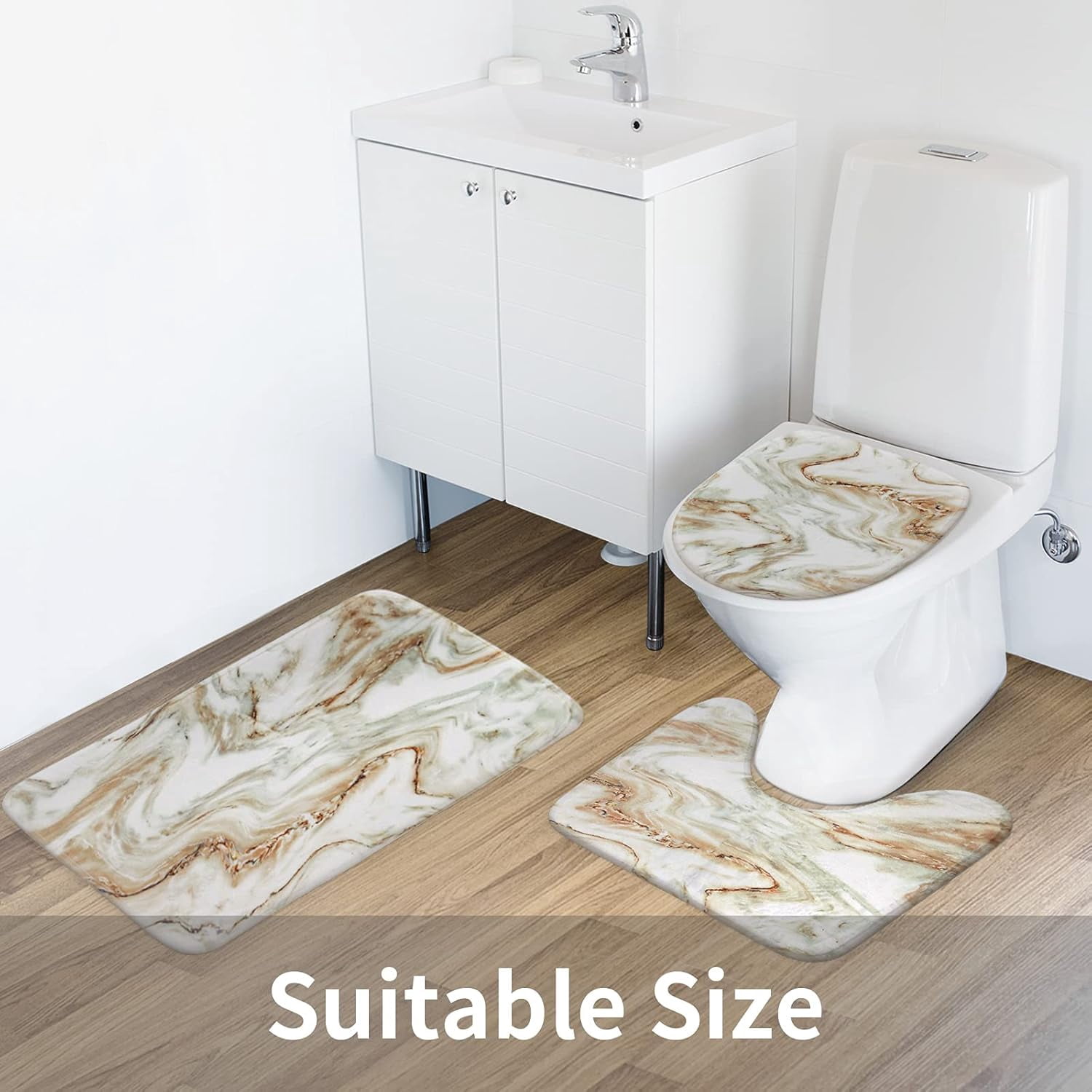 4 Pcs Brown Marble Shower Curtain Sets with Rugs, Tan Bathroom Decor Sets with Shower Curtain and Rugs and Accessories, Modern Bathroom Curtain Sets with Mats