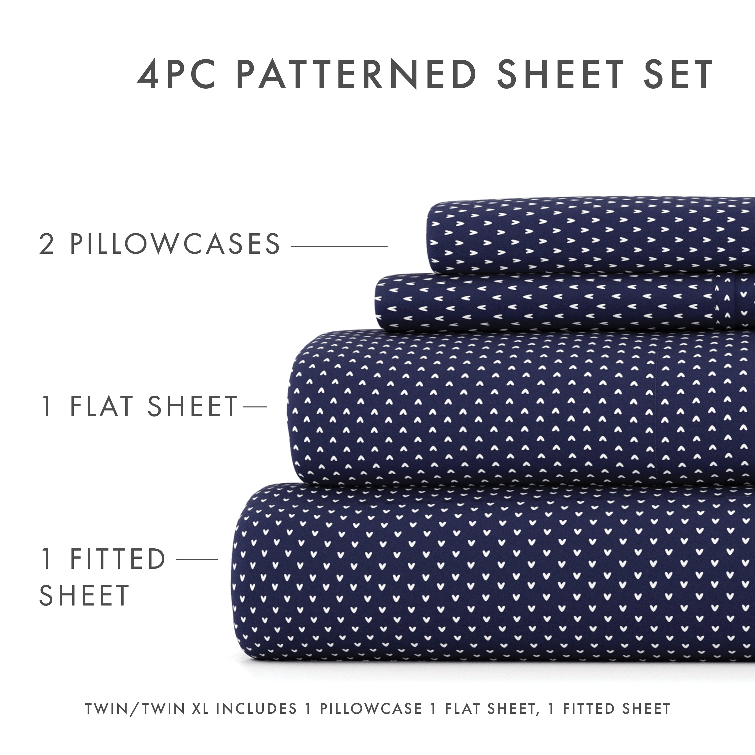 Noble Linens 4 Piece Pattern Microfiber Bed Sheets Set, Navy My Heart, Full