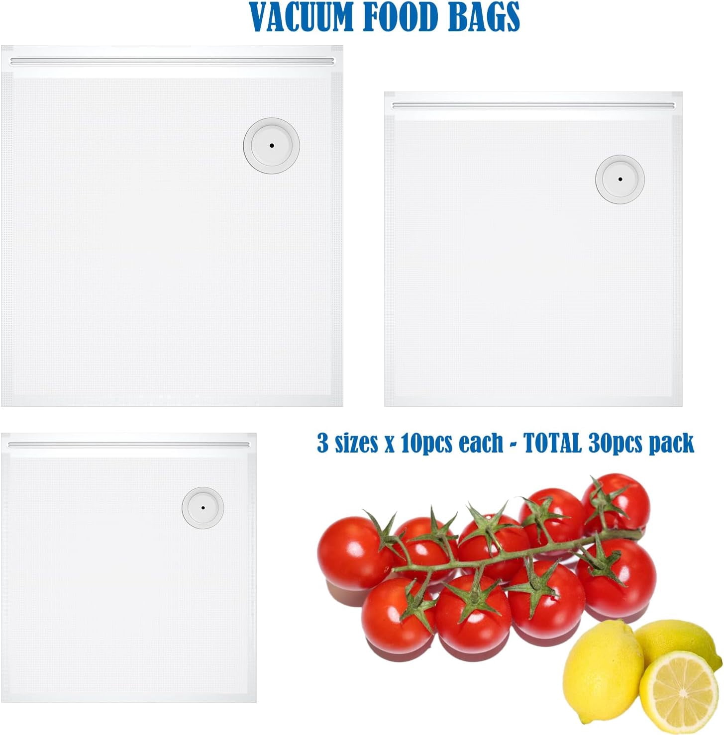 ABCISI Vacuum Sealer Bags, Reusable Vacuum Sealing Bags with Air Valve for Food Storage, Ideal for Freshness Preservation, BPA-Free, 3 Different Sizes (30 pcs)