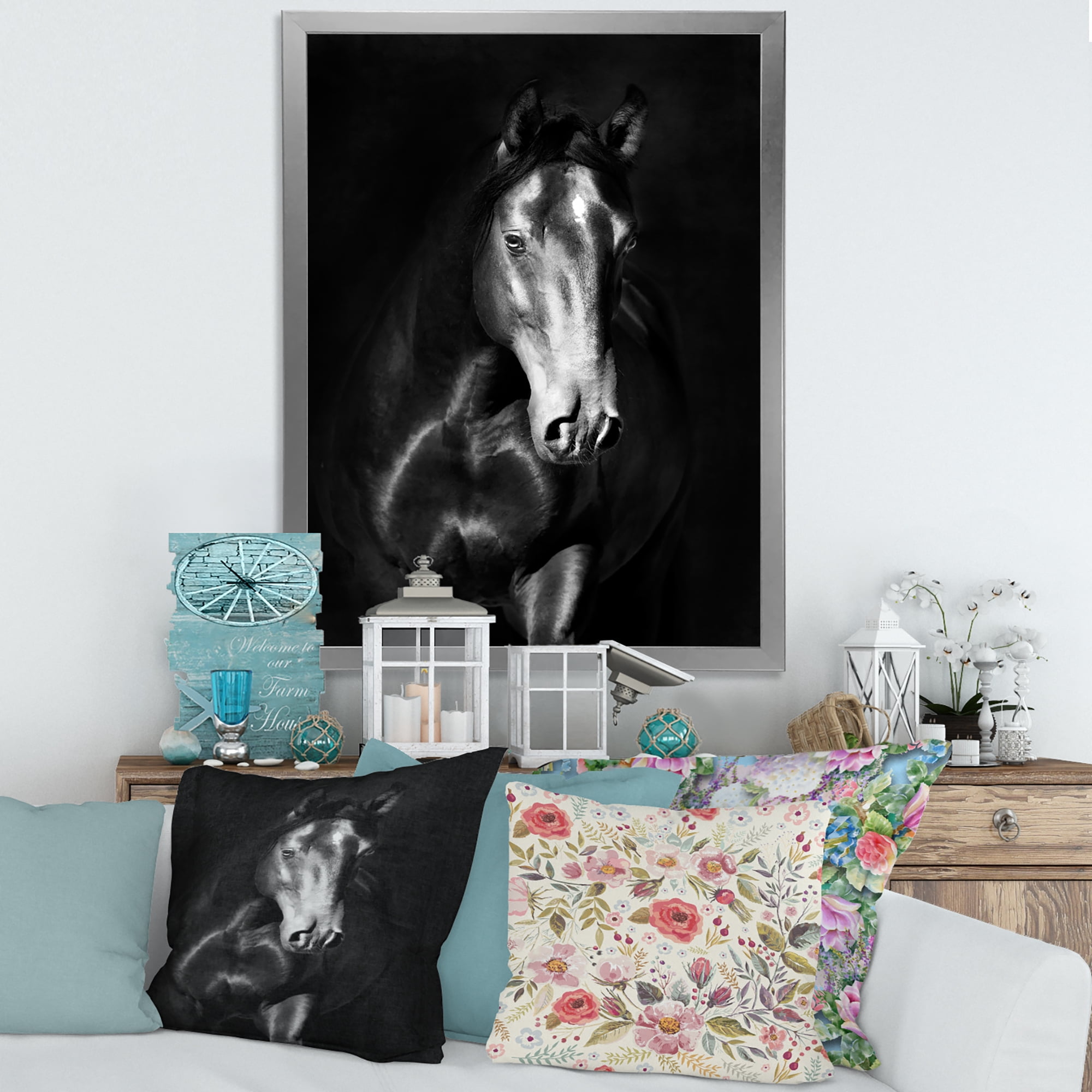Designart 'Close Up Portrait Of Black Kladruby Horse' Farmhouse Framed Art Print