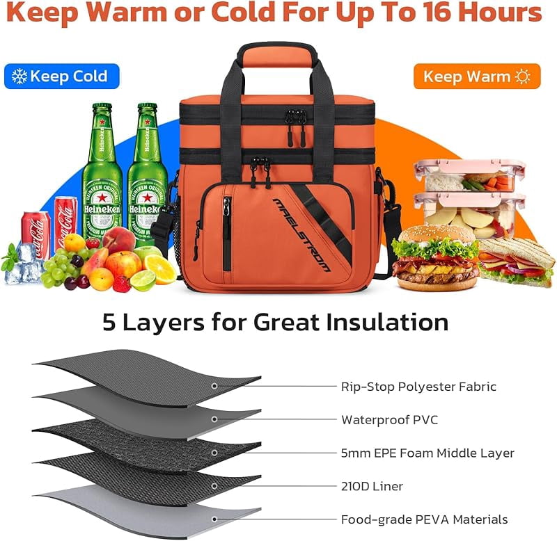 Maelstrom Lunch Box, 20L Insulated Lunch Bag for Men Women, Expandable Double Deck Leakproof Cooler Bag with 6 Pockets, Reusable Lunch Tote Bag for Work, Picnic