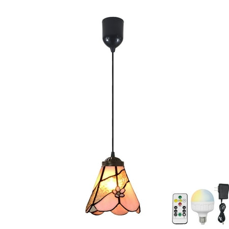 

FSLiving Battery Rechargeable Operated Pendant Light with Remote Tiffany Hanging Light with Lake Pink Glass Shade Adjustable Height RGB Color Timer Dimmable Lamp for Corner Decor - 1 Light