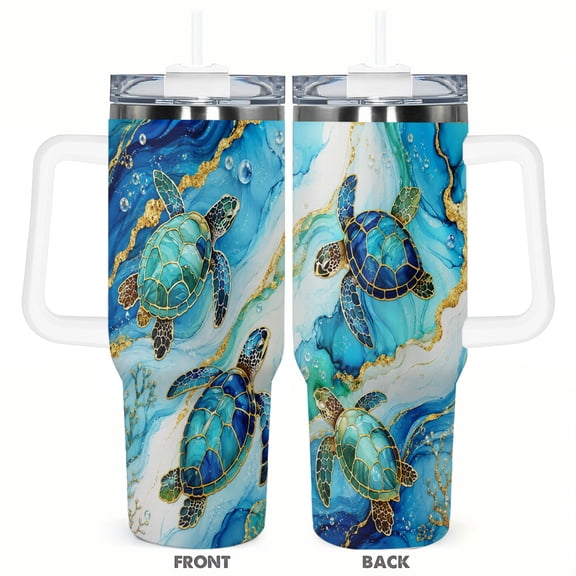 40oz Luxury Sea Turtle Tumbler with Handle and Straw Stainless Steel Insulated Travel Coffee Cup Ocean Lover Gift