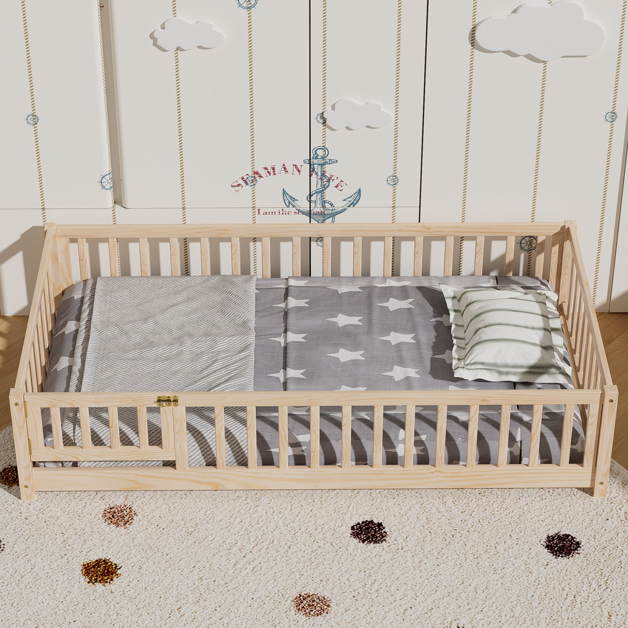Twin Floor Bed Frame, Montessori Floor Bed with Fence and Wood Slats, Natural