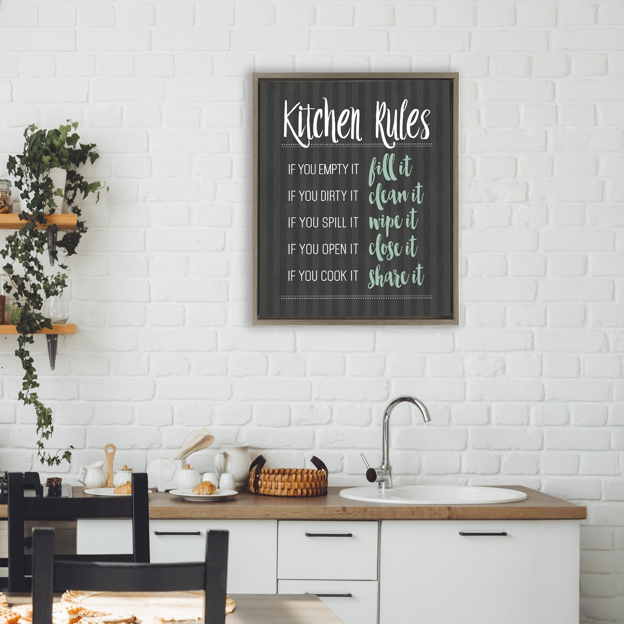 Kitchen Rules Black & Green Brown Framed Floater Canvas Wall Art, design by Lettered and Lined