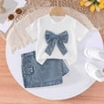 thumbnail image 5 of RMGVDSD Girls Outfits Set Girl Fashion Clothes Short Sleeve Bow T-Shirts With Pearl And Denim Skirt Shorts Two Piece Set Summer Casual Wear 5-6 Years, 5 of 5