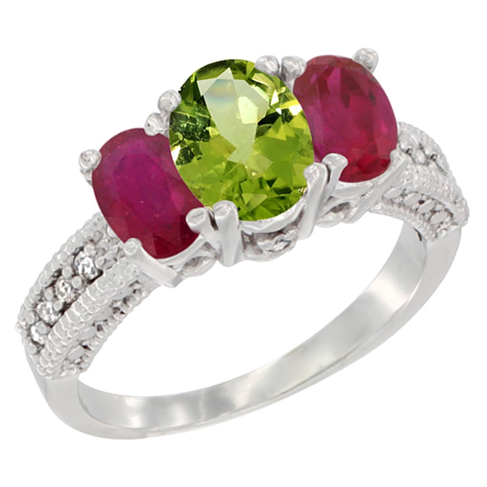 10K White Gold Diamond Natural Peridot Ring Oval 3-stone with Enhanced Ruby, sizes 5 10 by WorldJewels