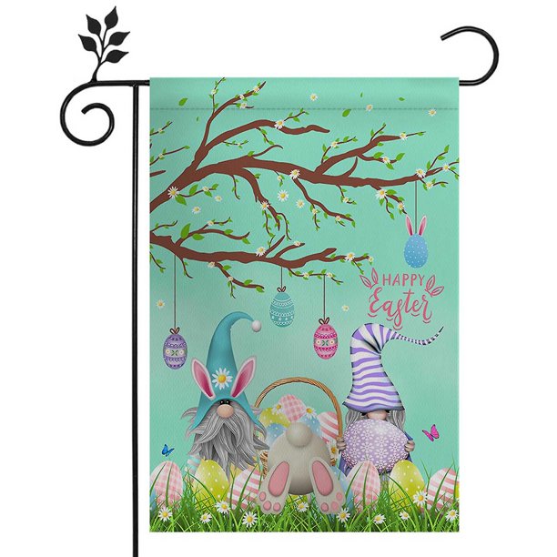 Style 4 Bandera de jardín de Pascua feliz de doble cara conejito de Pascua gnomo bandera de bienvenida primavera rústica granja patio decoración al aire libre 12.0 x 18.0 in