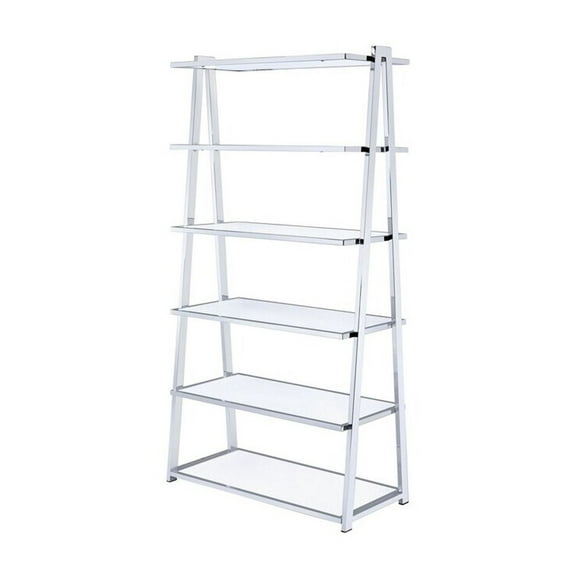 Modern Metal Bookshelf - 6 Tier Rectangular Display Shelf - Chrome & White Bookcase - 36"W x 16"D x 71"H