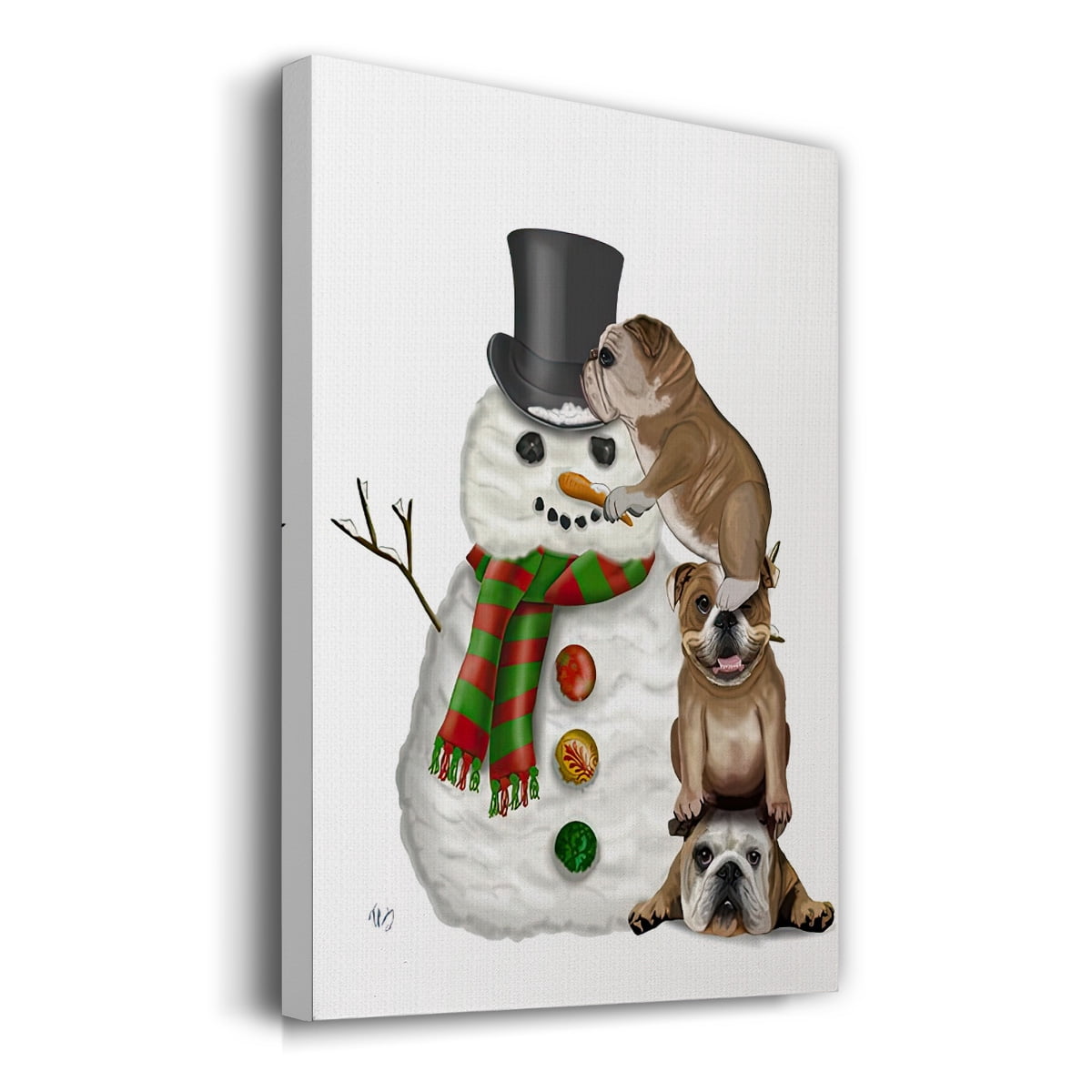 Christmas English Bulldogs Building Snowman- Gallery Wrapped Canvas